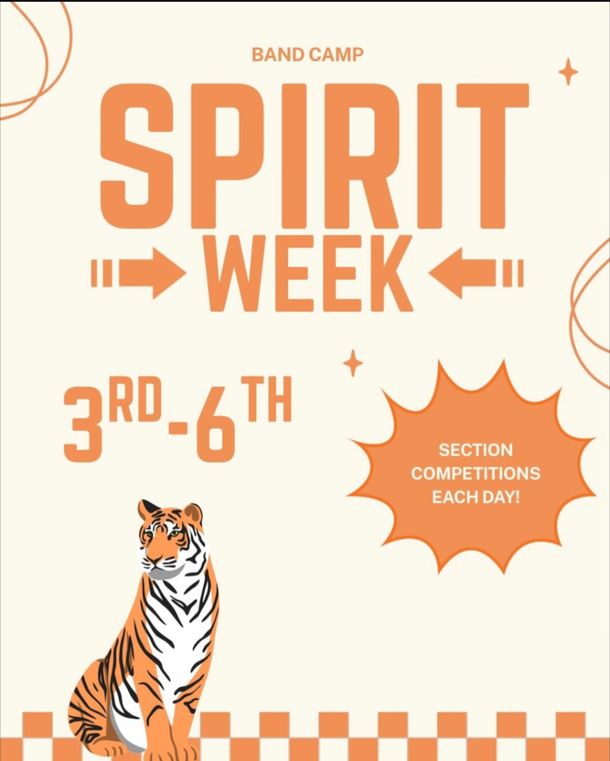 Band Camp Spirit Week graphic — Aug 3–6 with section competitions