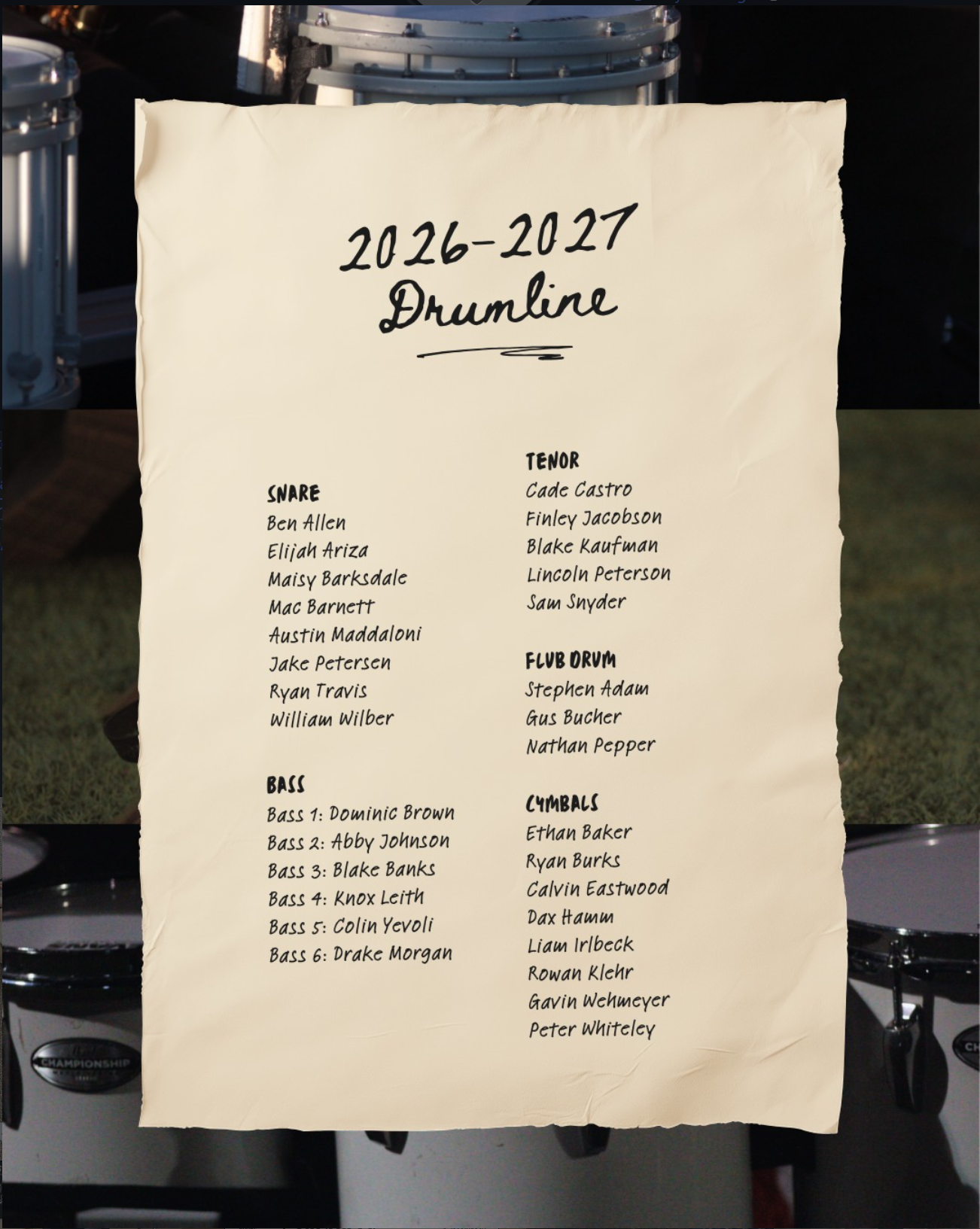 2026–2027 EHS Drumline roster graphic from @eriehsband