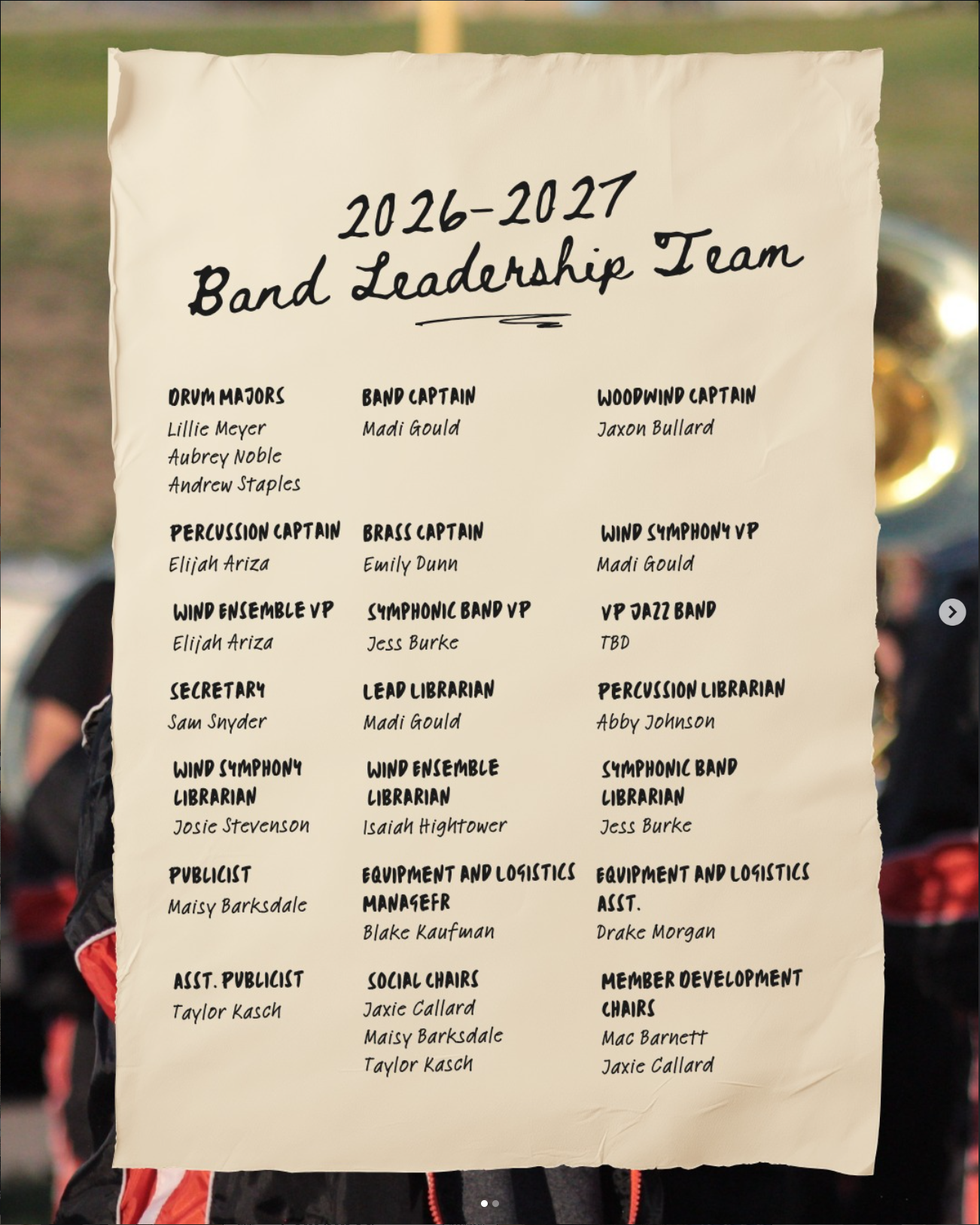 2026–2027 Band Leadership Team roster graphic from @eriehsband